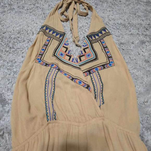 FLYING TOMATO Halter Neck Embroidered Khaki Wide Leg Jumpsuit, High Low Hem, L - Picture 8 of 16